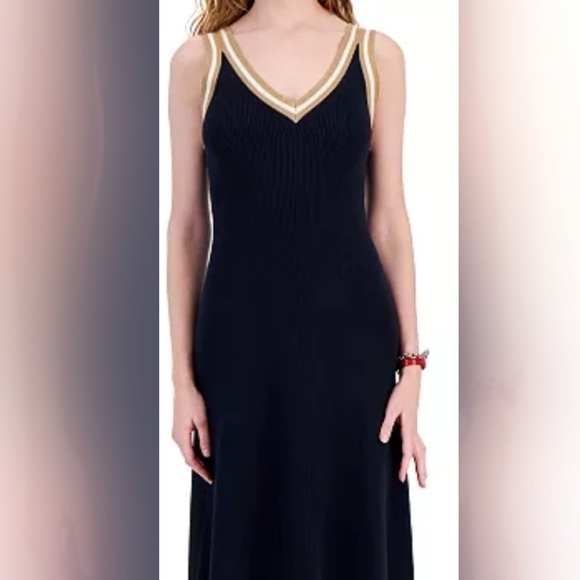 Striped trim v neck sweater dress - Picture 2 of 2